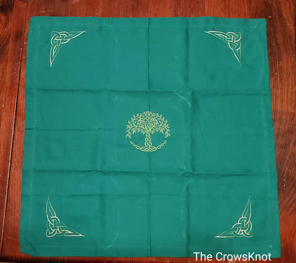 Embroidered Celtic World Tree Altar Cloth/Wrap - Green - The Crows Knot